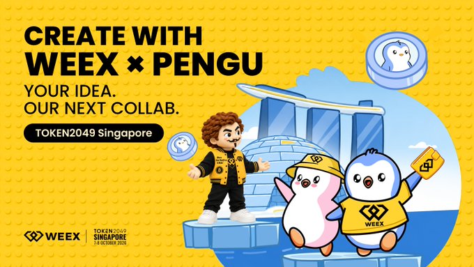 A promotional banner with a yellow background reads 'CREATE WITH WEE x PENGU - YOUR IDEA. OUR NEXT COLLAB.' and advertises TOKEN2049 Singapore, featuring cartoon characters.