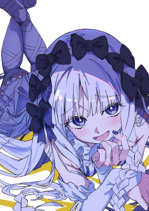 An anime-style illustration of a purple-haired girl with black bows and large blue eyes in a playful pose.