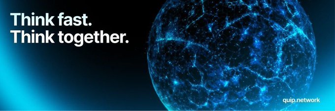 A dark digital banner displays the text "Think fast. Think together." alongside a glowing blue sphere resembling a networked planet or quantum structure, branded with "quip.network" in the corner. The futuristic imagery reinforces the post's message about Quip Network's post-quantum blockchain security solutions designed to protect today's data from future decryption threats.