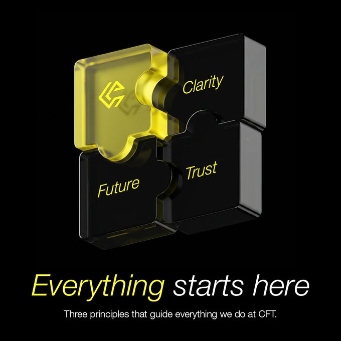 Four puzzle pieces representing "Clarity," "Future," and "Trust" interlock, with a yellow piece featuring a logo, embodying the foundational principles of CFT. This visual metaphor directly illustrates the post's message that "Everything starts here" with these three guiding principles.