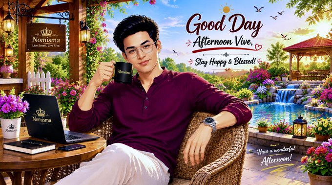 The image features a man sitting at an outdoor table, holding a coffee cup while wearing glasses. The background of the image shows a beautiful garden with flowers and trees, creating a serene atmosphere. The text "Good day, afternoon, every chain talks about validator decentralization but rarely answers the harder question: how do validators actually make money long term?" suggests that there might be an article or post related to blockchain technology or cryptocurrency in the image.