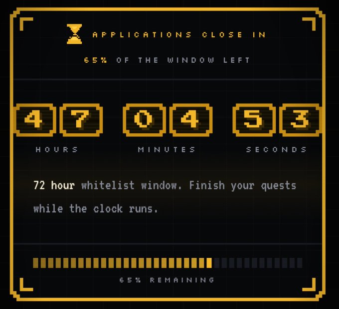 A pixel-art countdown timer shows 'APPLICATIONS CLOSE IN 65% OF THE WINDOW LEFT' with 47 hours, 04 minutes, and 53 seconds remaining, below text stating '72 hour whitelist window. Finish your quests while the clock runs.'