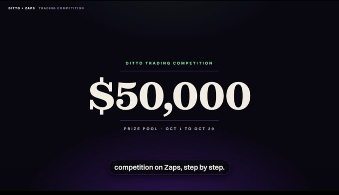 A promotional graphic for the 'DITTO TRADING COMPETITION' on Zaps, featuring a $50,000 prize pool running from Oct 1 to Oct 29.