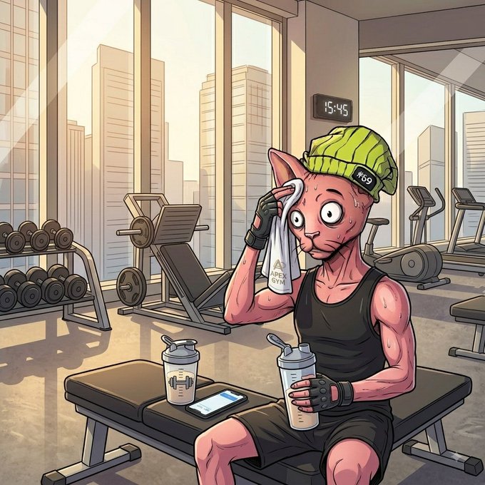 A cartoon-style illustration of a hairless pink Sphynx cat in a gym, wearing a yellow beanie and black workout gear, wiping sweat with an 'APEX GYM' towel while holding a shaker bottle; a digital clock reads '15:45'.