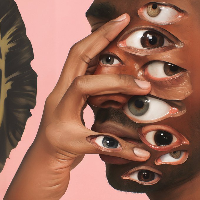 A surreal digital artwork featuring a close-up of a person's face and hand covered in multiple realistic eyes, set against a pink background with a large tropical leaf on the side.