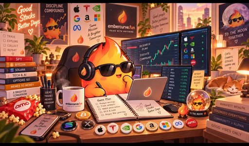 A cartoon illustration of a flame character wearing sunglasses at a trading desk with monitors showing stock charts, surrounded by motivational posters including 'Good Stocks Better Days,' 'Discipline Compounds,' and references to Ember Curve, while showing company logos like AMC and the stock ticker 'SPY.'