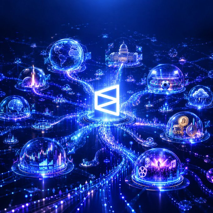 A futuristic blue digital artwork showing a central logo surrounded by glowing data domes connected by light streams, featuring icons of the globe, the U.S. Capitol, Bitcoin, sports, music, and stocks.