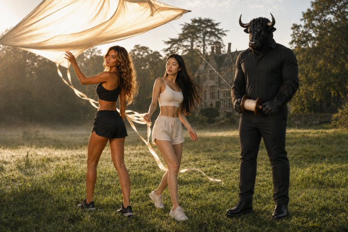 Two women in athletic wear hold a flowing white sheet in a grassy field next to a tall figure wearing a horned bull mask.