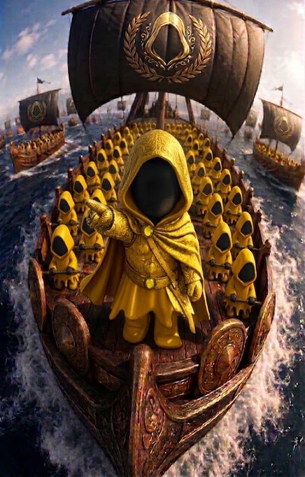 A fantasy digital illustration showing an army of golden-hooded figures in a fleet of ships sailing through stormy seas.