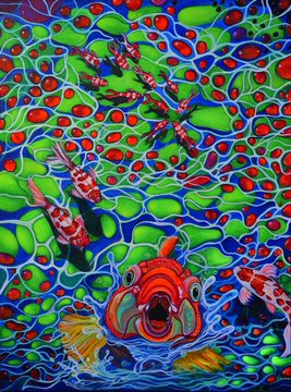 A vibrant, psychedelic artwork depicting koi fish swimming among lily pads, characterized by intense, saturated colors and neural-network-like patterns in the water.