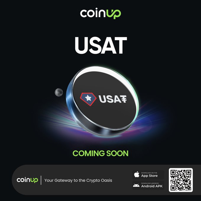 The image features a coin advertisement with a black background, featuring a silver coin that says "USAT" on it. The text above the coin reads "New Listing Coming Soon CoinUp.io Will Soon List USAT/USDT Trading Section: New Listing Zone Trading Pair: USAT/USDT Further details regarding the listing schedule will be announced soon." This suggests that a new coin listing is about to take place, and it's likely related to the USAT cryptocurrency.