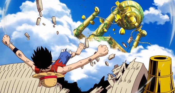 An anime scene showing a spiky-haired character in red clothing flying through the air amid broken wooden debris, with a large golden mechanical figure in the background against a blue sky.