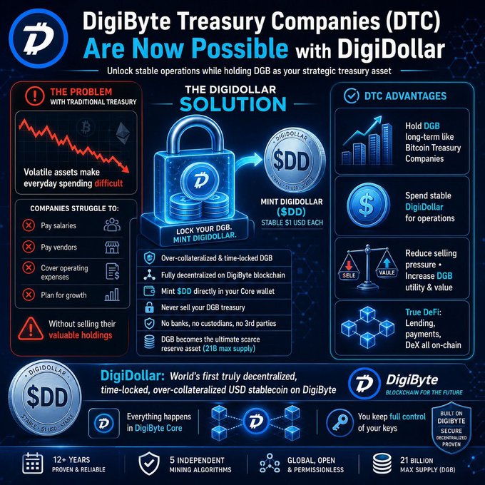 The image shows a blue and black flowchart depicting the inner workings of DigiByte Treasury companies (DTC). It includes various coins, a lock, and financial elements such as transactions, tokens, and mining operations. The infographic also explains the problem that users face with DigiDollar and offers a possible solution.