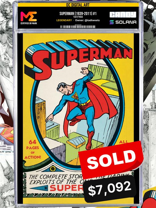 A graded "Superman #1" (1939-2011) comic book digital art NFT certificate, marked as "SOLD" for $7,092, featuring the iconic cover art of Superman leaping over buildings.