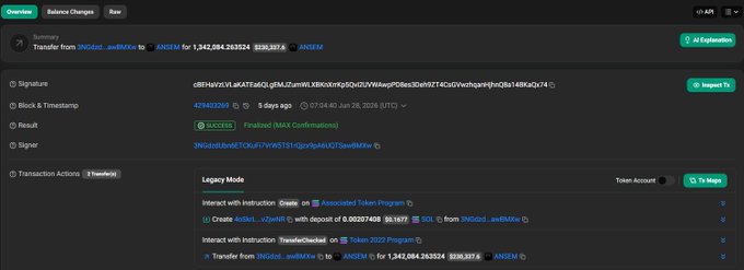 A blockchain explorer screenshot showing a "Success" transaction where 1,342,084.263524 tokens (worth $226,357) were mistakenly transferred from wallet 9NQabd...avMk6x to the ANSEM token contract address (ANE3M) on Base, confirming the post's account of a costly error caused by pasting the token's contract address instead of the intended recipient's wallet.