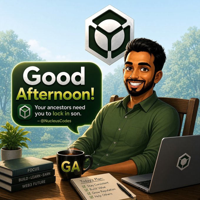 A cartoon illustration of a smiling man in a green shirt at a desk with a laptop, coffee mug labeled 'GA', and books titled 'FOCUS', 'BUILD LEARN EARN', and 'WEB3 FUTURE', with a speech bubble reading 'Good Afternoon! Your ancestors need you to lock in son. — @NucleusCodes'.