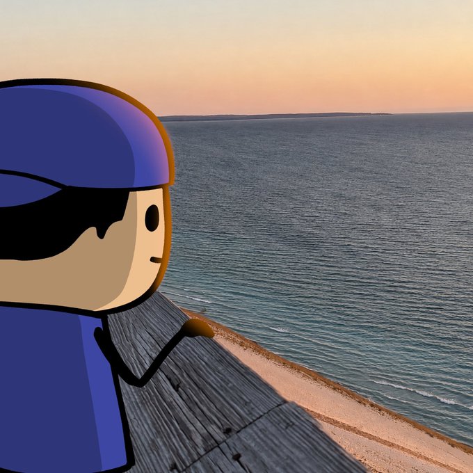 A cartoon character in a blue hoodie and cap gazes out at a tranquil ocean sunset, standing on a wooden boardwalk as the sky glows soft orange over the horizon—visually echoing the post's message about patiently watching and waiting, like a loyal believer still holding out hope for NFTs and altcoin season to come.