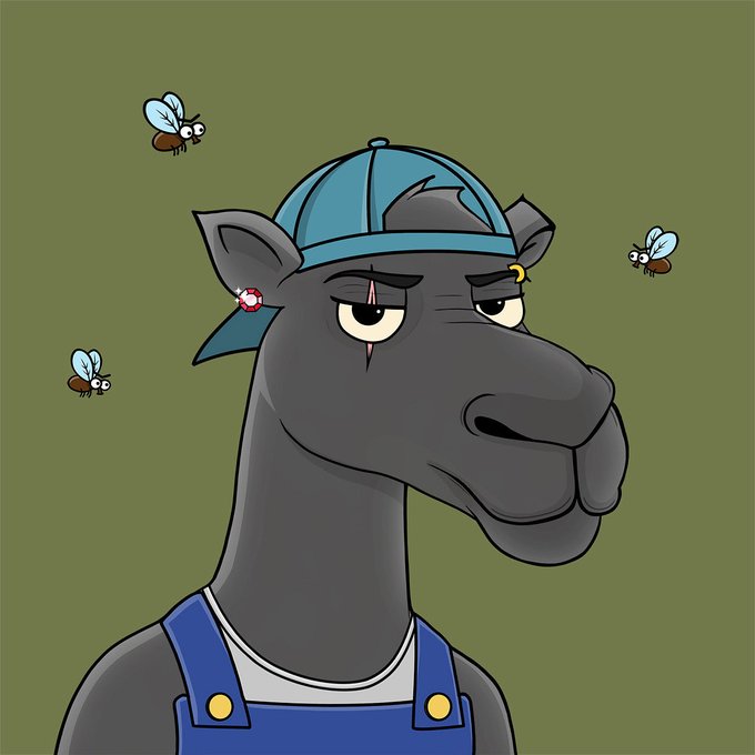 A cartoon illustration of a gray horse wearing a blue backwards cap and blue overalls, with an annoyed expression as flies buzz around it.