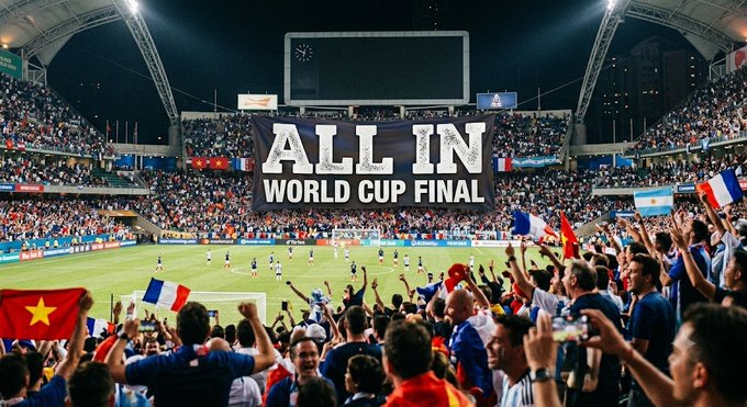 A crowded soccer stadium with fans waving flags, featuring a banner that reads 'ALL IN WORLD CUP FINAL'.