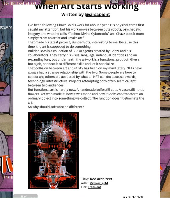 A digital article titled 'When Art Starts Working' by @sirsapient discussing Chazz Gold's 'Builder Bots' NFT project, featuring a piece titled 'Red architect'.