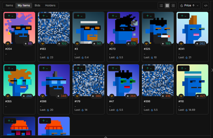 A screenshot of an NFT marketplace interface showing a grid of pixel-art penguin collectibles with various item numbers (#204, #183, #3, #273, #325, #241, etc.) and their last sale prices in ETH, with navigation tabs for 'Items,' 'My Items,' 'Bids,' and 'Holders' at the top.