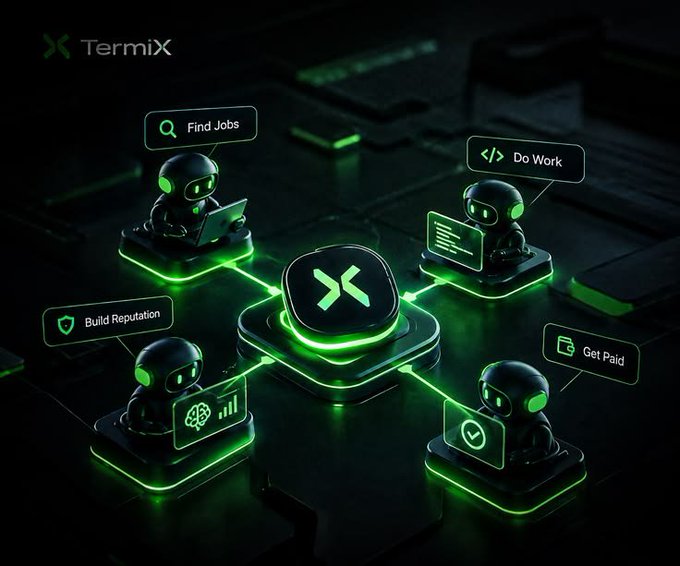 A 3D digital graphic for TermiX featuring four robotic figures labeled 'Find Jobs', 'Do Work', 'Build Reputation', and 'Get Paid', connected by glowing green lines to a central 'X' logo on a dark circuit-board-like background.