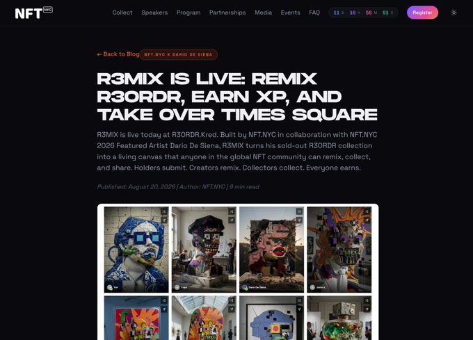 An NFT.NYC blog post titled 'R3MIX IS LIVE: REMIX R3ORDR, EARN XP, AND TAKE OVER TIMES SQUARE' describing a collaboration with artist Dario De Siena, featuring a gallery of pixel-art portraits.