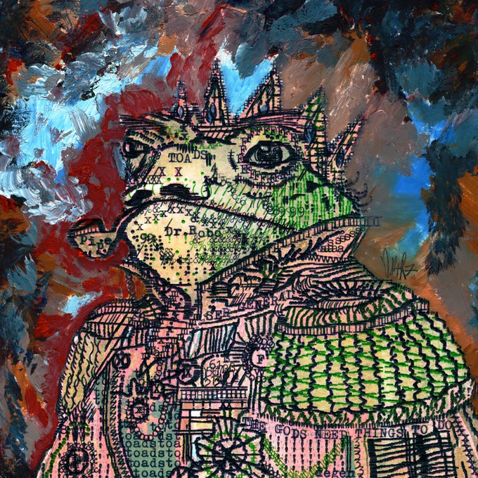 Mixed-media artwork depicting a medieval castle or landscape overlaid with vintage map text and drawings, rendered in green, yellow, and red tones.