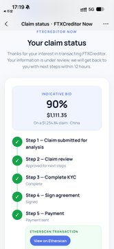 A smartphone screenshot of an FTX creditor claim status page showing an indicative bid of 90% ($1,111.35), with all five claim steps (submission, review, KYC, agreement signing, and payment) marked as completed.