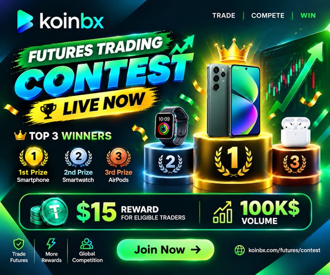 A promotional graphic for 'Koinbox' advertising a 'Futures Trading Contest' with prizes including a Smartphone (1st), Smartwatch (2nd), and AirPods (3rd), offering a $15 reward and 100K$ volume.