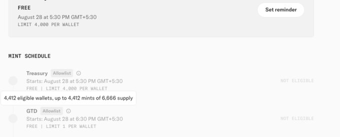 The image shows an NFT mint schedule on OpenSea for the CashmereLabs collection, displaying 4,412 eligible wallets with a Treasury (Allowlist) and GTD (Allowlist) mint both marked as "NOT ELIGIBLE" with a limit of 4,000 per wallet and 1 per wallet respectively, despite being labeled as GTD (Guaranteed) mints. This directly supports the post's criticism that the so-called "GTD" mint is not truly guaranteed, as the cap of 4,000 mints to only 4,412 wallets means many wallets will be ineligible.