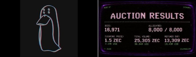 A split image with a neon line-art ghost/figure illustration on the left and a retro TV-style screen on the right displaying 'AUCTION RESULTS' with stats including BIDS: 16,971, ALLOCATED: 8,000/8,000, and CLEARING PRICE: 1.5 ZEC.