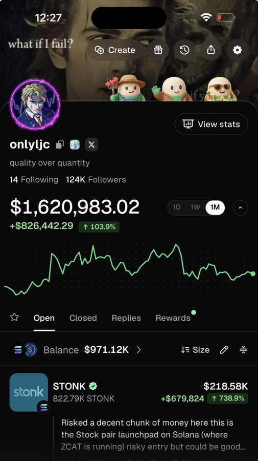 Mobile screenshot of a trading profile 'onlyljc' showing 124K followers, a balance of $1,620,983.02 (+103.9%), and a position in STONK with 822.79K tokens.