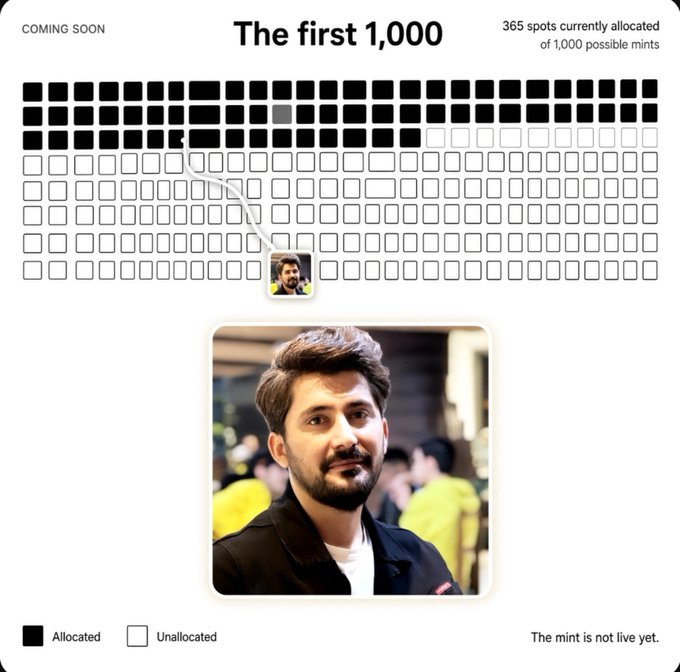 A 'COMING SOON' NFT mint allocation interface showing 365 of 1,000 spots allocated with a photo of a bearded young man in the selected slot.