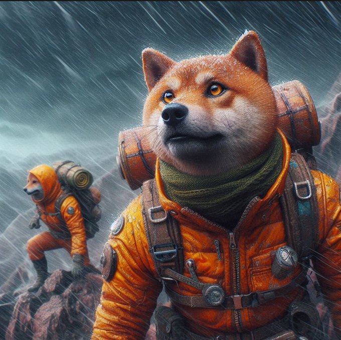 Digital artwork of two anthropomorphic Shiba Inu dogs wearing orange hiking jackets and backpacks in a rainy, stormy mountain environment.