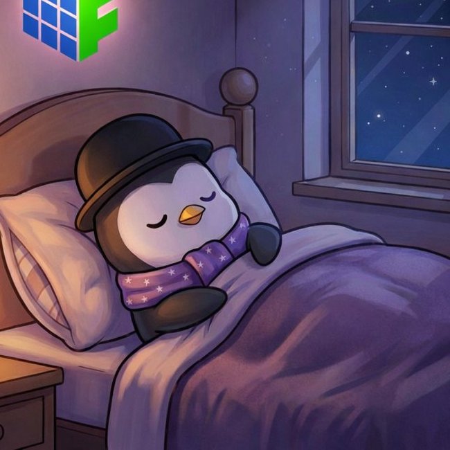 In this image, a cartoon penguin is sleeping peacefully on a bed next to a window. The penguin is wearing a black top hat and a purple scarf around its neck while lying down with its eyes closed. The scene takes place at night, as indicated by the presence of stars in the background through the open window. The image also contains text that reads "Good night fam Wrapping up the day with these projects still catching my attention @TheARCTERMINAL AI agents that can keep context and interact with onchain data are worth watching closely @quipnetwork Distributed compute and quantum resistant infrastructure make it one".