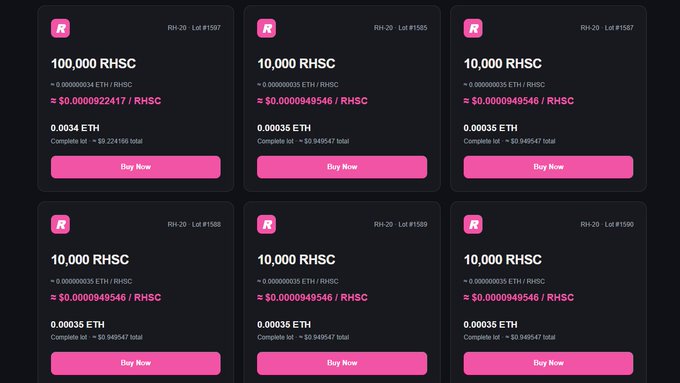 A grid of RH-20 NFT lot listings on a marketplace, each offering bundles of 10,000 (or 100,000) RHSC tokens priced in ETH with corresponding 'Buy Now' buttons and per-token exchange rates.