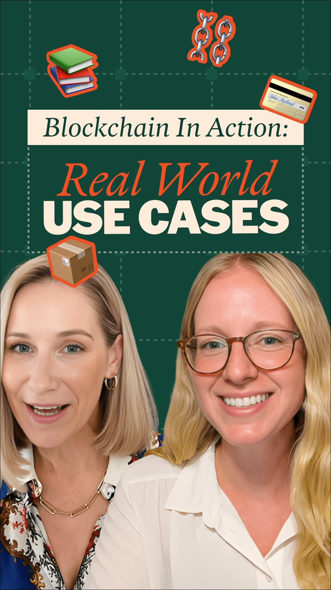 Promotional graphic titled 'Blockchain In Action: Real World USE CASES' featuring two women against a green background with chain icons and book illustrations.