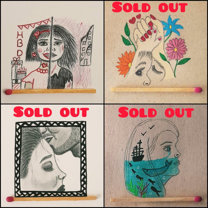 Four hand-drawn illustrations displayed in a grid, each marked 'SOLD OUT' in red text at the top, featuring portraits of women with flowers and artistic details, each mounted on a wooden dowel.