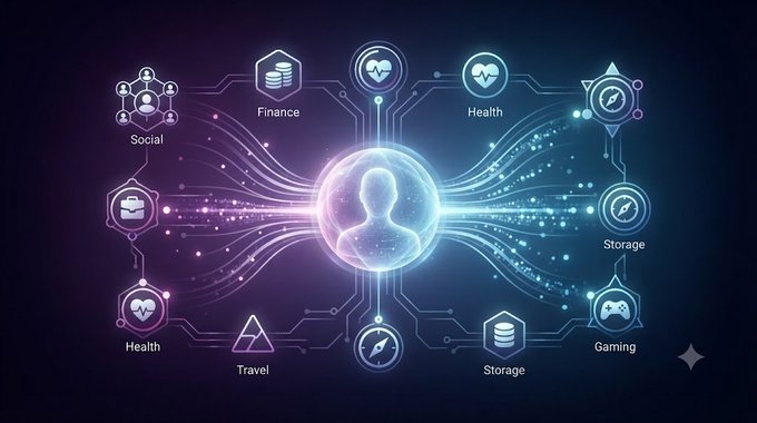 A digital illustration shows a central glowing figure connected to icons labeled Social, Finance, Health, Storage, Travel, Gaming, and Health on a dark background.