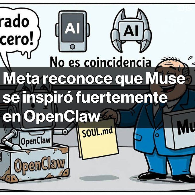 A cartoon illustration with Spanish text: "Meta reconoce que Muse se inspiró fuertemente en OpenClaw," depicting a rusty "OpenClaw" robot handing a "SOUL.md" document to a man holding a "Muse" box, while two AI symbols watch from above.