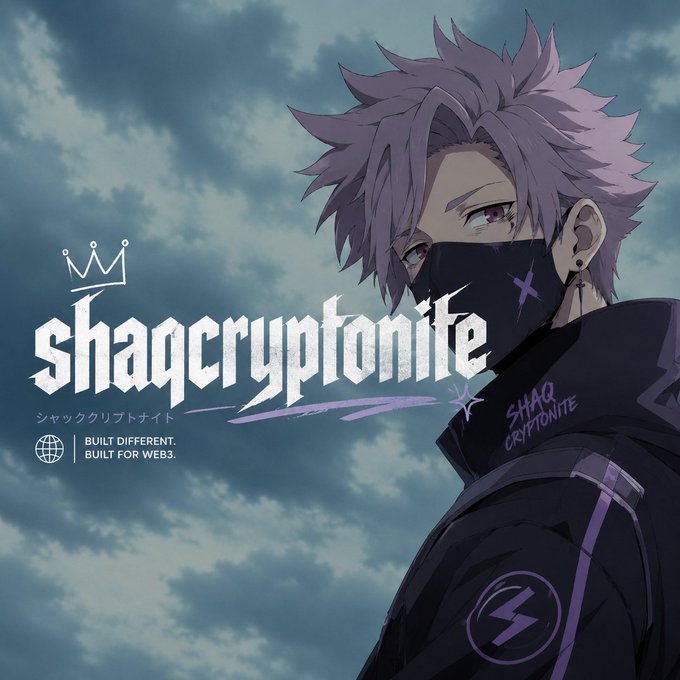 Anime-style promotional image featuring a masked character with purple hair and the stylized text "shagcryptonite" with the tagline "BUILT DIFFERENT. BUILT FOR WEB3." against a cloudy sky background.
