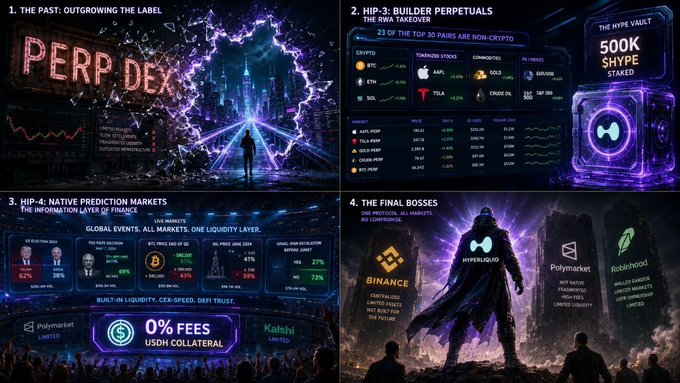 The image shows a screenshot of a graphic designer's work that is related to cryptocurrency and trading platforms called HyperliquidX. The poster displays a person in a black suit standing next to a cityscape, along with text providing information about the platform. It also provides details such as the title "Hyper Liquid X", the word "Perp", and the phrase "500K $HYPE". Additionally, there is an image of a person wearing a cape labeled "@ Hyper Liquid X". The graphic designer seems to be highlighting the features or achievements of this particular cryptocurrency trading platform.