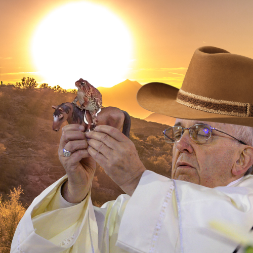 A surreal composite image features an older man wearing a cowboy hat, glasses, and white robes, holding a small toy horse and rider in his hands, with a desert sunset and mountains in the background.