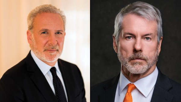 The image shows a side-by-side comparison of two middle-aged men in professional attire—on the left, a man with gray hair and beard wearing a dark suit with a black tie, and on the right, a gray-haired man with a beard wearing a dark suit with a light blue shirt and orange tie. The image likely represents Peter Schiff and a representative from MicroStrategy ($MSTR), visually framing Schiff's critique of the company's Bitcoin monetization program and its shift from the "never sell" thesis.