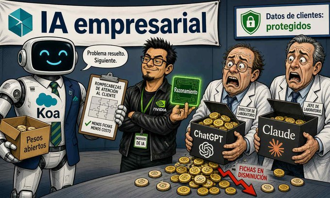 A cartoon illustration promoting 'IA empresarial' showing an NVIDIA robot named 'Koa' offering a solution while worried scientists hold boxes labeled 'ChatGPT' and 'Claude' with falling coins.
