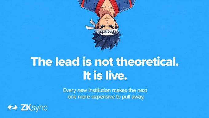 The image features a blue banner that says "settlement infrastructure doesn't win on technology alone it wins by being first when the network starts to compound @ZKsync is there right now the lead is live, not theoretical: Deutsche Bank's tokenized fund platform on ZK infrastructure ADI Chain with BlackRock." The text in the image is related to a post about settlement infrastructure and how it works.