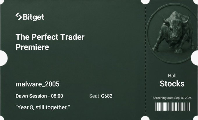 A Bitget promotional ticket invites user 'malware_2005' to 'The Perfect Trader Premiere' event in Hall 'Stocks,' for a Dawn Session at 08:00, seat G682, on screening date Sep 16, 2026.