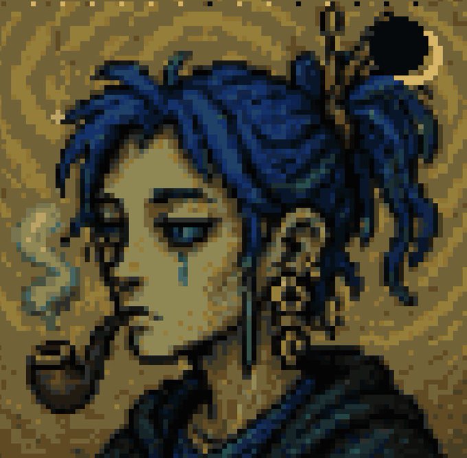 A pixelated digital illustration depicts a blue-haired character with a tear streaming down their face on a golden background.