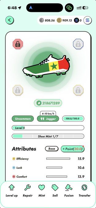 A screenshot from the STEPN app displays a Level 5 "Jogger" sneaker NFT styled with the Senegalese flag colors and star, minted with Shoe Mint 1/7, featuring attributes like Efficiency 15.9, Luck 10.6, and Comfort 13.9, alongside a balance of 808.56 GMT and 909.13 SOL. This directly supports the post's caption of arriving in Senegal during the FIFA World Cup, with the in-game sneaker customized to reflect the national flag.